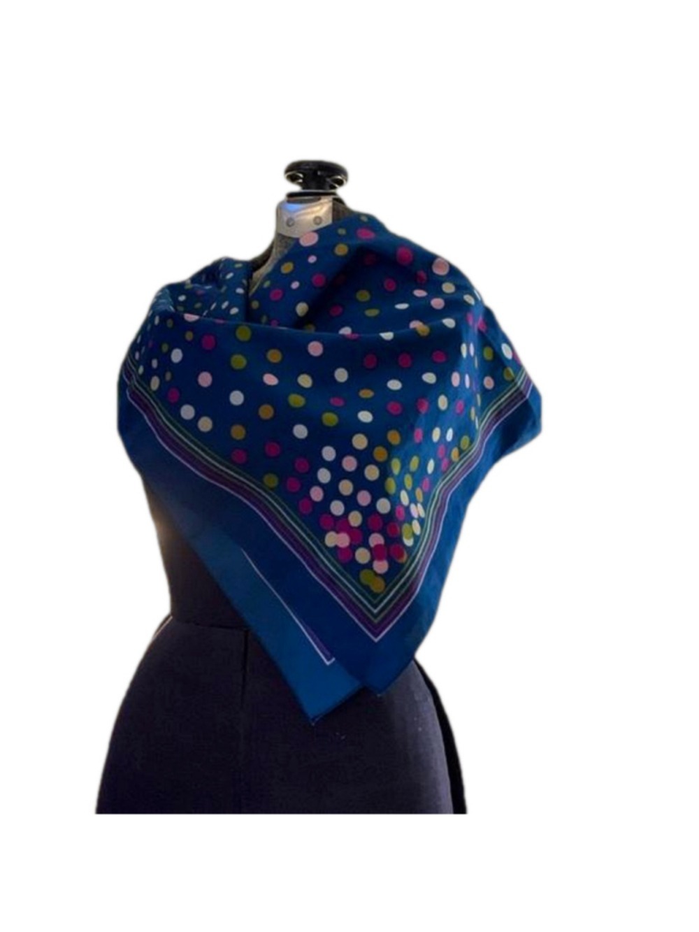 Vintage blue square scarf striped border and polka dots